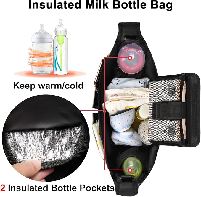 Universal Stroller Organizer Bag, Black Quilted Design with 2 Insulated Bottle Pockets, Multiple Storage Compartments, Tissue Holder, 6 x 4 x 2.5 Inches