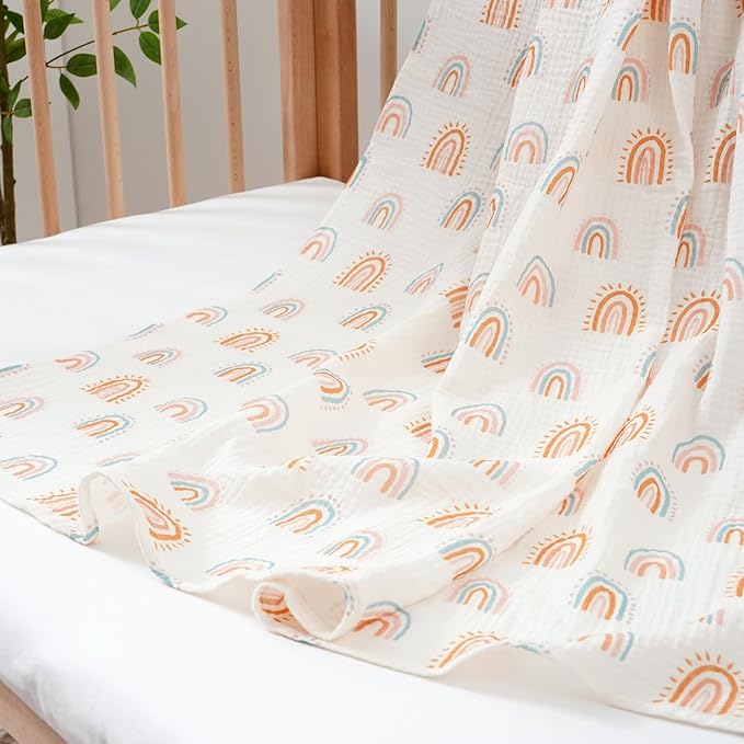 Happy Flute 4Set Muslin Swaddle Blankets??œUltra Soft Baby Blanket for Newborns,Receiving Blankets for Baby Girls & Boys??œBaby Essentials 0-3 Years,40x40inches (Sun)