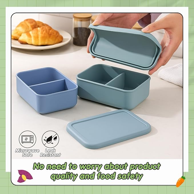Layhit 2 Pcs Silicone Bento Box for Adults, 27 oz Bento Lunch Container Reusable Food Container for Women Men, Leak Proof Microwave Dishwasher Freezer Safe (2 Compartments,Gray Blue,Green)