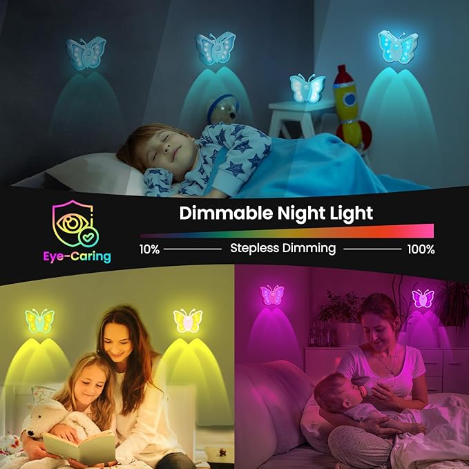 LOFTEK Rechargeable Motion Sensor Light, 2 Color Modes, Dimmable RGB Ambient Lighting, Cute Butterfly Design for Kid's Bedroom, Bathroom, Hallway, Tent & Stairs - Ideal Home Decor & Gift, 6 Pack