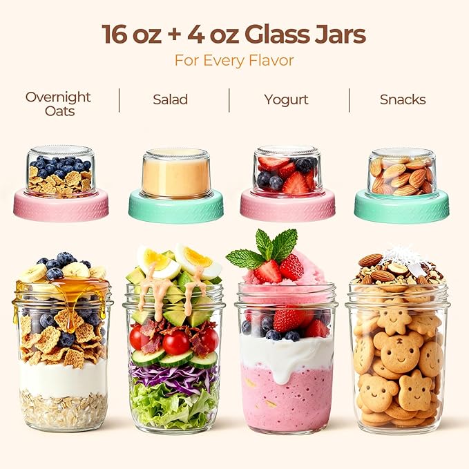 ComSaf Overnight Oats Containers with Lids (16oz+4oz, 6Pcs), Dual-Layer Chia Pudding Jars with Dry and Wet Separation, Yogurt Parfait Cups for Oatmeal Cereal Nut Fruit, Meal Prep Glass Jars for Salad