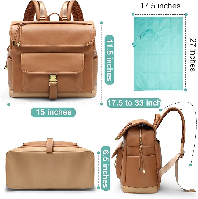 MOMINSIDE Diaper Bag Backpack, 12 Pockets Leather Mini Diaper Bag, Baby Bag Backpack, Baby Registry Search, 4 Insulated Pockets, Changing Pad, Stroller Straps(Brown)