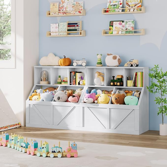 Kids Bookshelf and Toy Storage, Toy Storage Organizer, Toy Organizer with Storage Cabinet and Toy Shelf, Toddler Book Shelf for Kids Rooms, Playroom, Bedroom, Nursery, Daycare, Vintage White