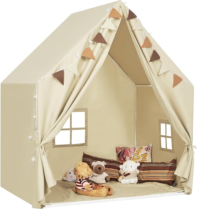 Kids Play Tent with Padded Mat & Star LED Lights for Ages 4-8-10 Year Old Girls Boys, Large Cute Indoor Play Room House Tent for Toddler Children (Beige)