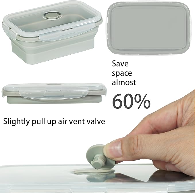 Plus 4PCS Foldable Silicone Food Storage Containers for Kitchen Storage for Leftovers Fruits and Meal Prep Dishwasher Safe Microwave Safe Ideal for Home and Travel (grey, 40OZ)