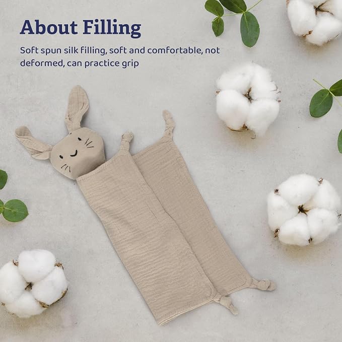Organic Cotton Muslin Bunny Lovey Blanket, Soft & Breathable Security Blanket for Newborns, Unique Baby Gifts for Boys and Girls (Bunny-Khaki)