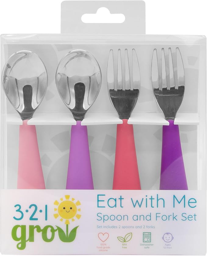 Eat with Me Spoon and Fork Set – Toddler Utensils with Easy-Grip Silicone Handles – Kid-Sized & Safe Stainless Silverware – Promotes Independent Eating – Dishwasher Safe (Grape)
