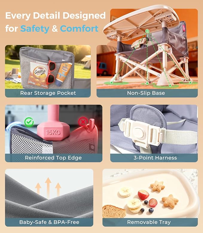Portable Baby Chair, Baby Beach Chair with 2-Pack Interchangeable Seat Covers, Portable Booster Seat with Tray & Travel Bag, Compact Foldable, Easy-Swap Colors, Perfect for Travel