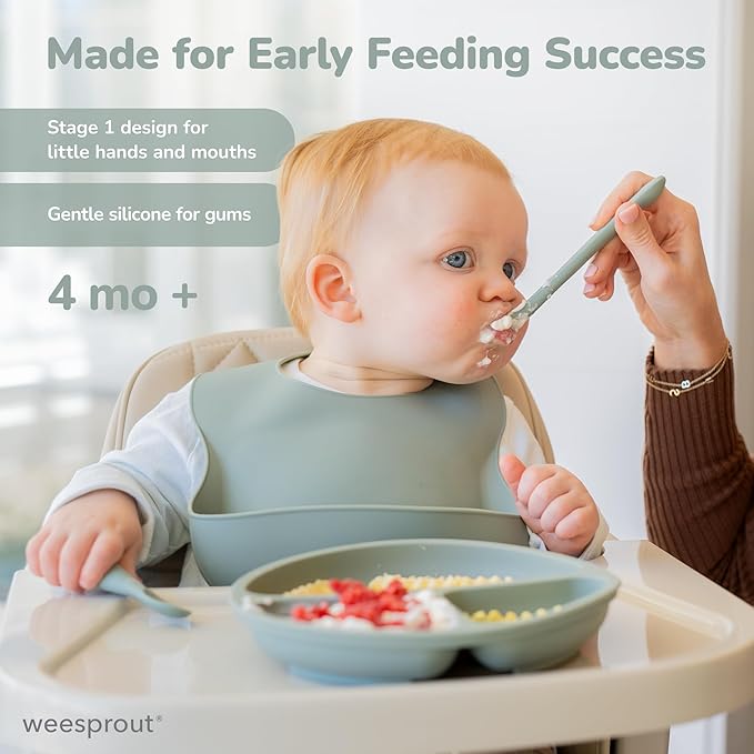 WeeSprout Silicone Baby Spoons - First Stage Infant Feeding Utensils With Soft-Tip, Bendable Kitchenware for Parent & Self-Feeding, Ultra-Durable, Dishwasher Safe, Travel Case, Set of 3