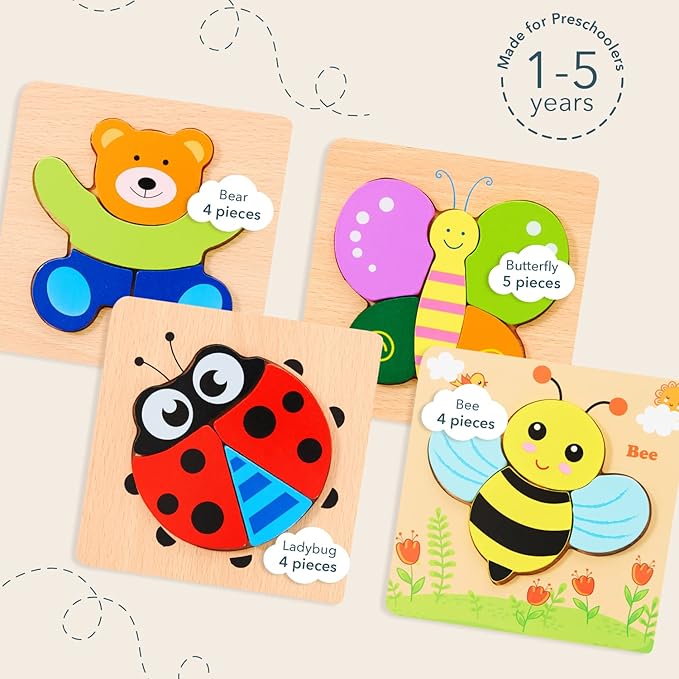 Magifire Wooden Puzzles, Set of 4 Puzzle Toys for Kids Toddlers 1–3, Baby Educational Animal Toys with Chunky Pieces & Bag - Butterfly, Bee, Ladybug, Bear