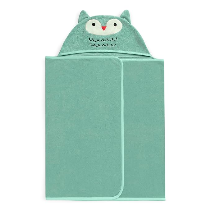 Delta Children Kids Hooded Bath Towel with Pockets - Super Soft and Absorbent- Great Gift for Boys and Girls, Light Teal Owl