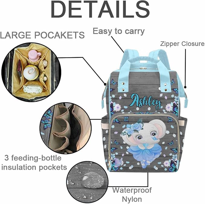 M YESCUSTOM Custom Bag Personalized Name Mommy Bag Customized Waterproof Diaper Bag Backpack Gift for Mothers Day Flower and Butterfly Design