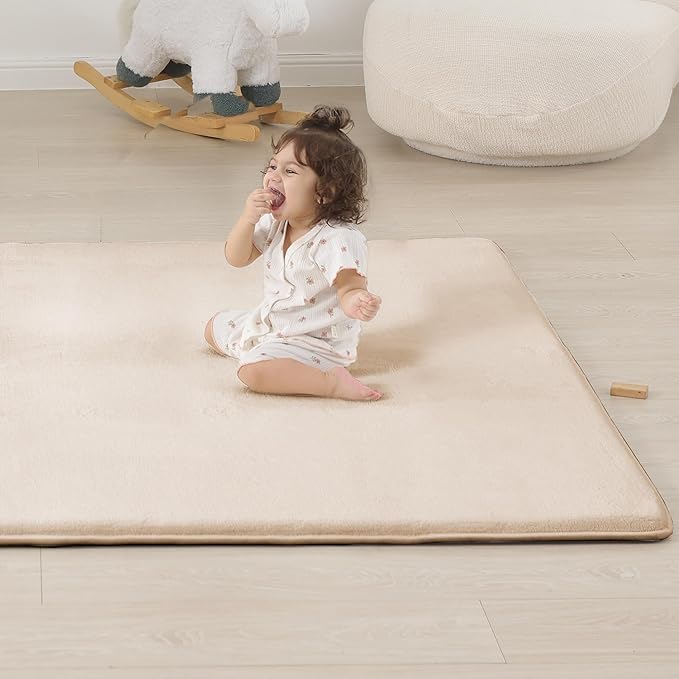 1.3" Thick Baby Floor Play Mat 79x118, Basic Padded Foam Mat for Tummy Time Crawling, Non Slip Cushioned for Babies Toddlers Infants Kids (Beige)