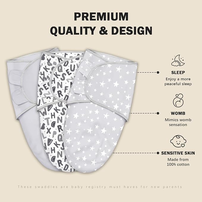Cute Castle 3-Pack Baby Swaddle Sleep Sacks - Newborn Swaddle Sack - Ergonomic Baby Swaddles Blanket Warp for Boys and Girls - Baby Essentials (0-6 Months - Gray, Letters, Stars)