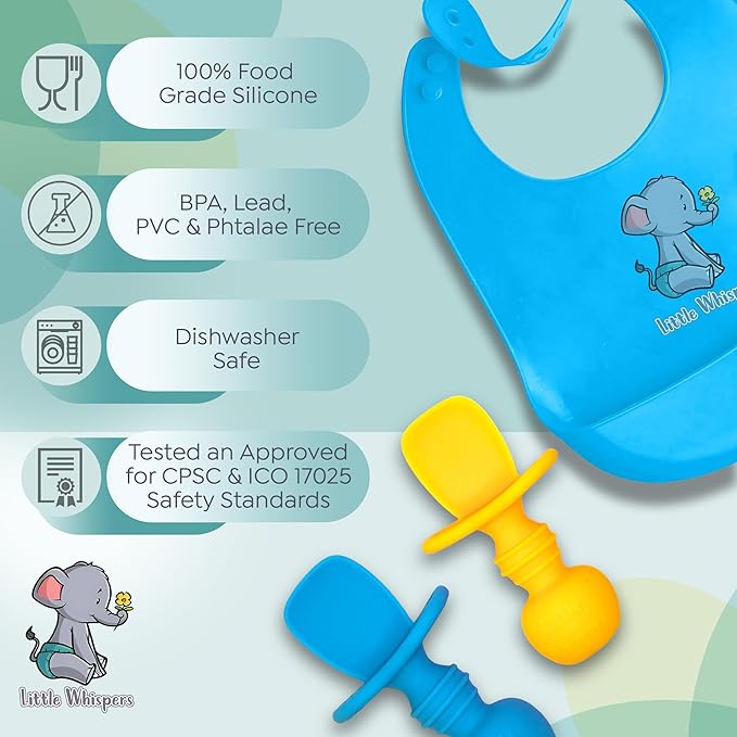 LittleWhispers Baby Silicone Spoons - Self Feeding 6 Months - Infant, Toddler, & Kid Friendly Utensils - First Stage, Baby Led Weaning - 4 Pack Utensil Set (Neon)