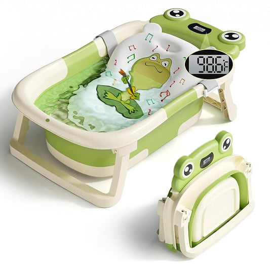 BUNWAG Baby Bathtub, Collapsible Newborn Bathtub for Infant to Toddler with Soft Cushion and Thermometer,Portable Travel Newborn Tub with No-Slip Feet, Baby Shower Gifts, 0-12 Months Baby Bath, Green