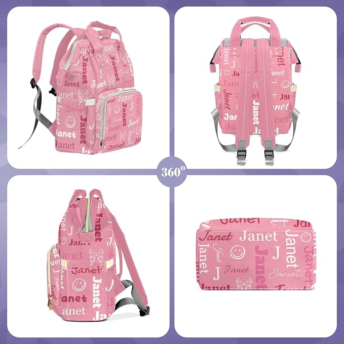 Custom Diaper Bag with Name Personalized Multifunctional Mommy Backpack for Daughter Granddaughter, Pink Daypack Bag for Travel