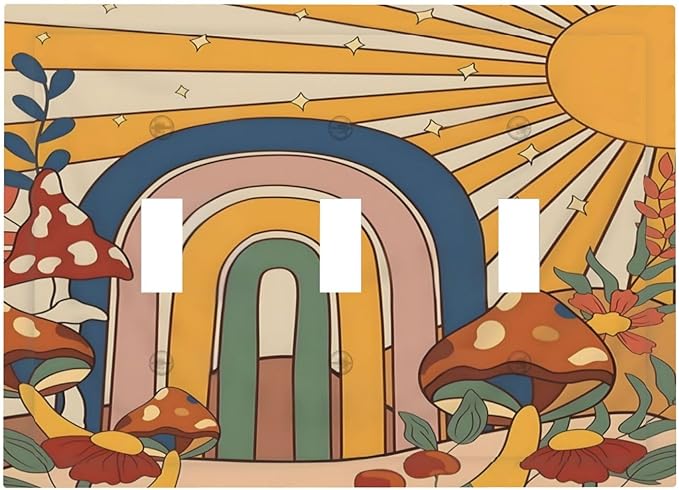 Boho Sun Rainbow Mushroom Hippie Vintage Floral Decorative Switch Plates 3 Gang Wall Plate Triple Toggle Light Switch Cover Faceplate Electrical Wall Panels for Kids Room Nursery Decor