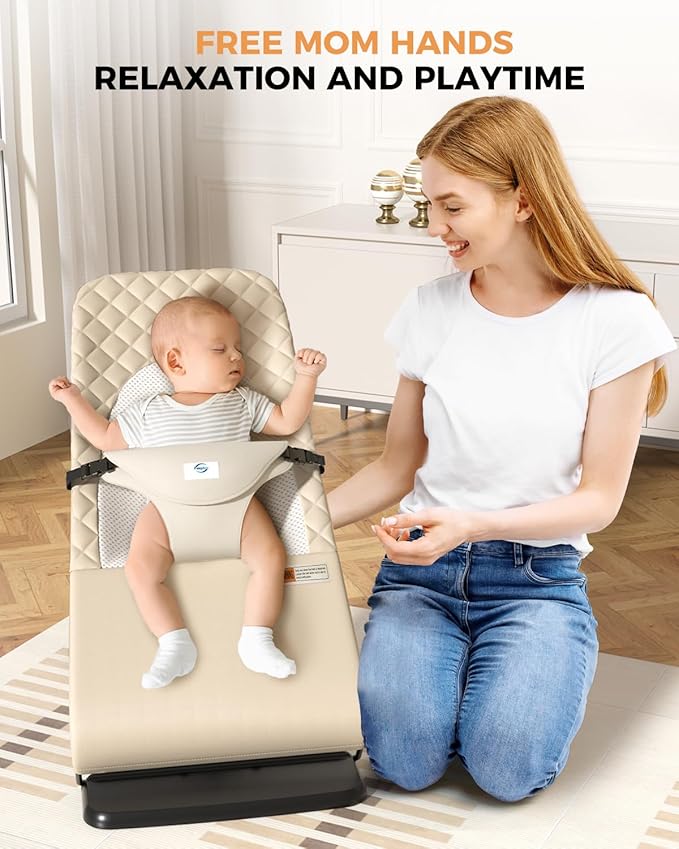 Baby Bouncer, Bouncer Seat for Babies 0-12 Months,Ergonomic Baby Seat Breathable and Comfortable Cushion with 3-Height Adjustments, Infant Rockers Portable Folding and Detachable
