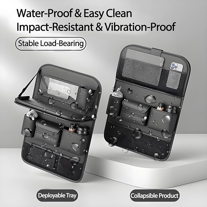 Leather Car Seat Back Organizer with Foldable Tray Table, Backseat Car Organizer with Tablet Pocket, Cup Holders, Tissue Pocket, Mesh Pockets, Kick Mat, Black, 1 Pack