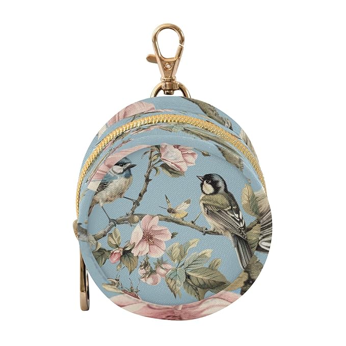 Pacifier Holder with Clip Pacifier Case for Diaper Bag Round Baby Pacifier Pouch Box Bag Portable Birds on The Floral Branches