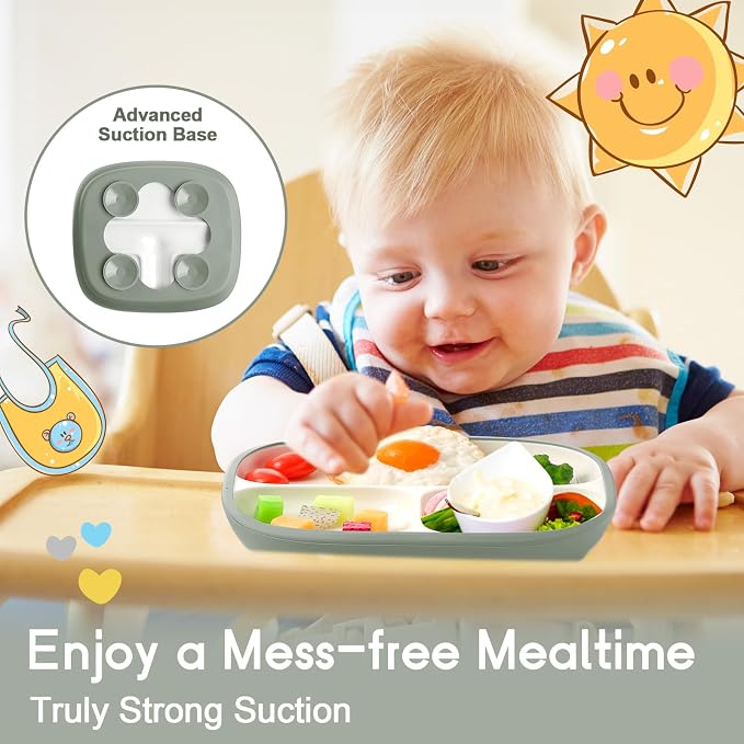 Domensi Kids Porcelain Plates with Silicone Sleeves 8.2 Inch Divided Porcelain Plate Toddler White Suction Dishes for Baby Troubleless Eating Microwave Dishwasher Safe(Vibrant,3 Set)