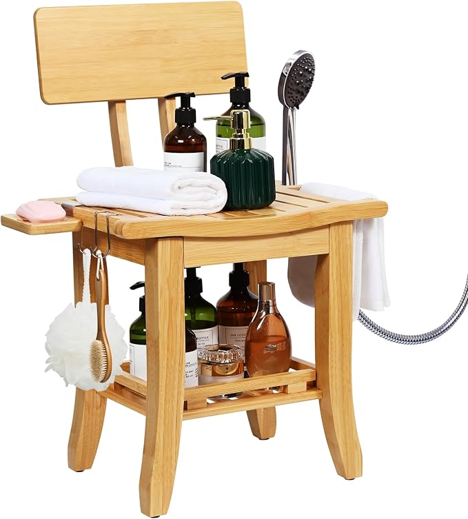 Two-Tier Bamboo Shower Chair for Inside Shower, Waterproof Baby Bath Seat with Storage Shelf, Soap Dish and Shower Head Holder, Shower Stool for Seniors Adults Disabled Pregnant(Natual)