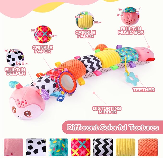 Baby Toys 0-6 Months, Musical Toys for Pink Caterpillar, Infant Stuffed Animal Soft Sensory Toys with Crinkle、 Rattles and Textures, Tummy Time Toys for Newborn Boys Girls 0 3 6 12 Months