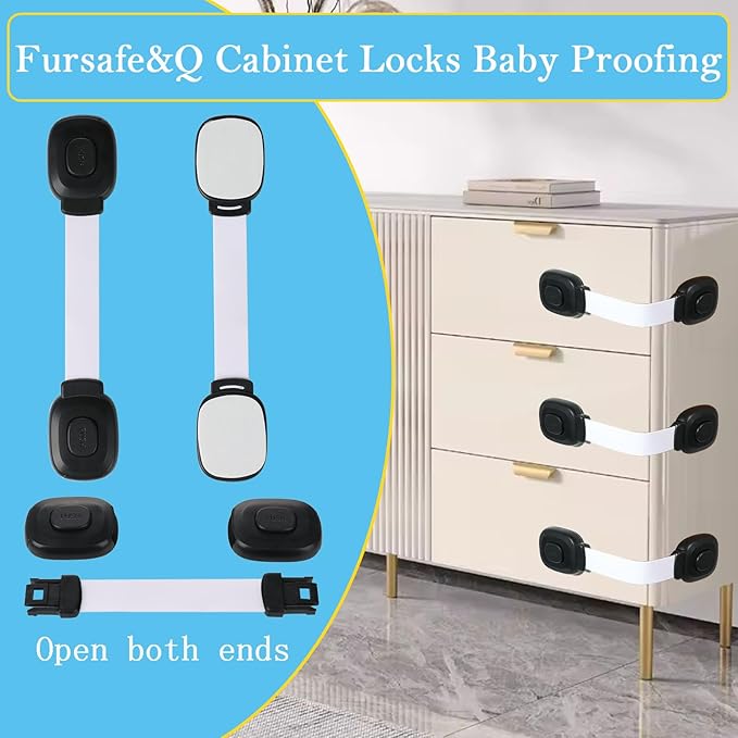 Fursafe&Q Baby Cabinet Locks, Child Safety Cabinet Proofing -Child Safety Strap Locks Adhesive Drawer Fridge Ovens Door Toilet Latches No Drill Multi-Purpose for Furniture Kitchen Lock (WB, 6Pack)