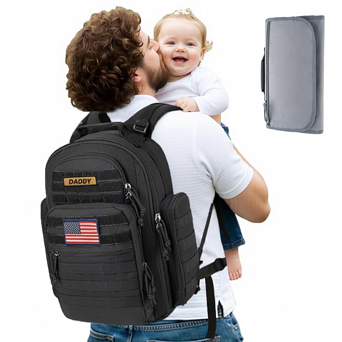 SHARKMOUTH Dad Diaper Bag Military - Large Baby Diaper Backpack with Changing Pad for Travel Camping Trips Park - Newborn Baby Shower Gifts Black