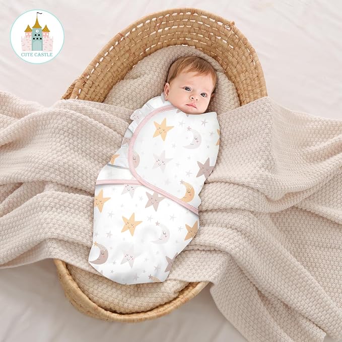 Cute Castle 3-Pack Baby Swaddle Sleep Sacks - Newborn Swaddle Sack - Ergonomic Baby Swaddles Blanket Warp for Boys and Girls - Baby Essentials (0-6 Months - Pink, Moon, Stars)