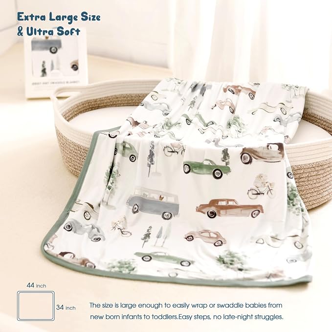 GRSSDER Baby Blankets Super Soft Jersey Knit Swaddle Blanket for Baby Girls and Boys, Double Layer Receiving Blankets 34 x 44 Inches, Extra Large for Baby Swaddling, Stylish Cars Print