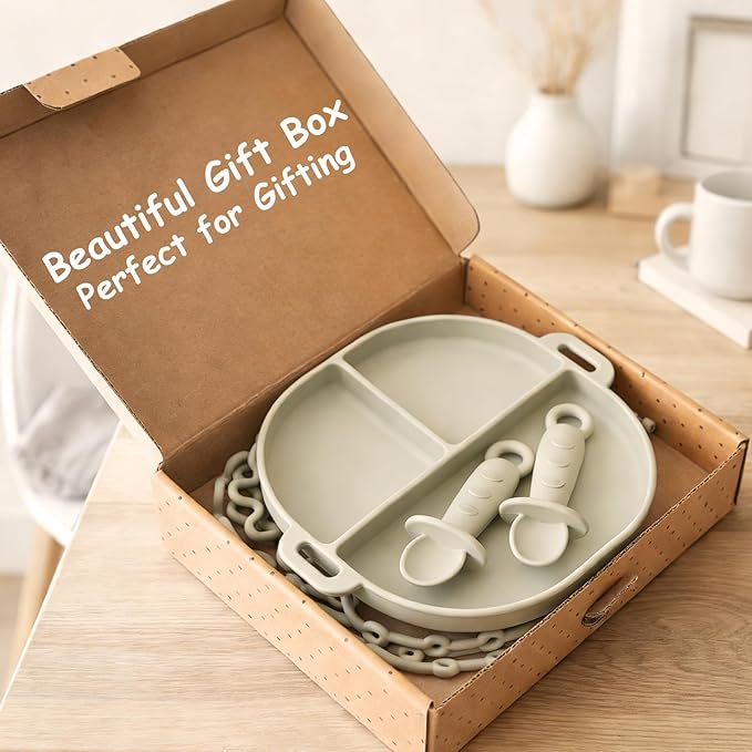Baby Plates with Suction Silicone Baby Spoons Divided Baby Plates Silicone Baby Safety Toy Straps Baby Bottle Bungees Baby Feeding Set All-in-one-Sage