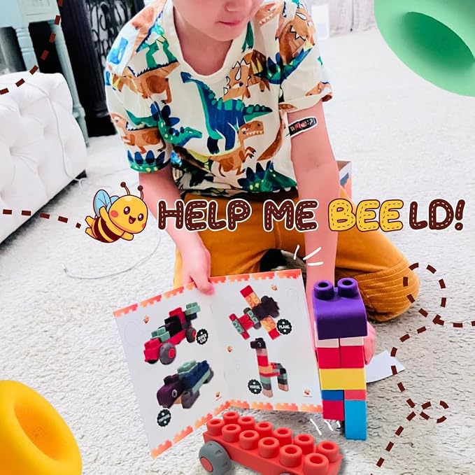 Soft Rubber Building Blocks with Baseboard - Extra Large Toddler Blocks Ages 12mo+ - Chew-Safe Sensory Stacking Toys - STEM Learning Set with Building Guide - Not Compatible with Duplo/Mega