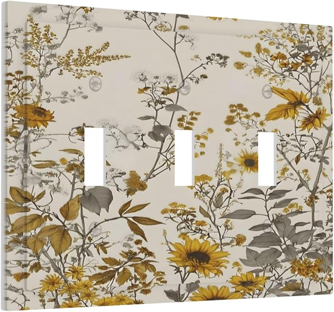 Boho Wildflowers Daisies Sunflowers Plant Floral Decorative Switch Plates 3 Gang Wall Plate Triple Toggle Light Switch Cover Faceplate Electrical Wall Panels for Bedroom Living Room Decor