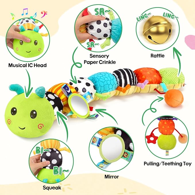 Baby Caterpillar Toys 0-6 6-12 Months, Stuffed Musical Animal Sensory Toys for Babies 3-6 Months with Rattles Crinkle Mirror Squeaker, Infant Tummy Time Toys, Newborn Baby Boy Girl Gifts