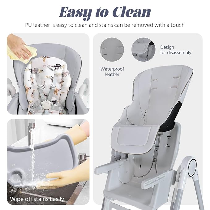 Multi Functional All in 1 Baby High Chair Swings for Infants Foldable Rocking 8 Level Height Adjustment Eco Friendly Washable PU Cushion Ultimate Baby Feeding Chair (Gray)