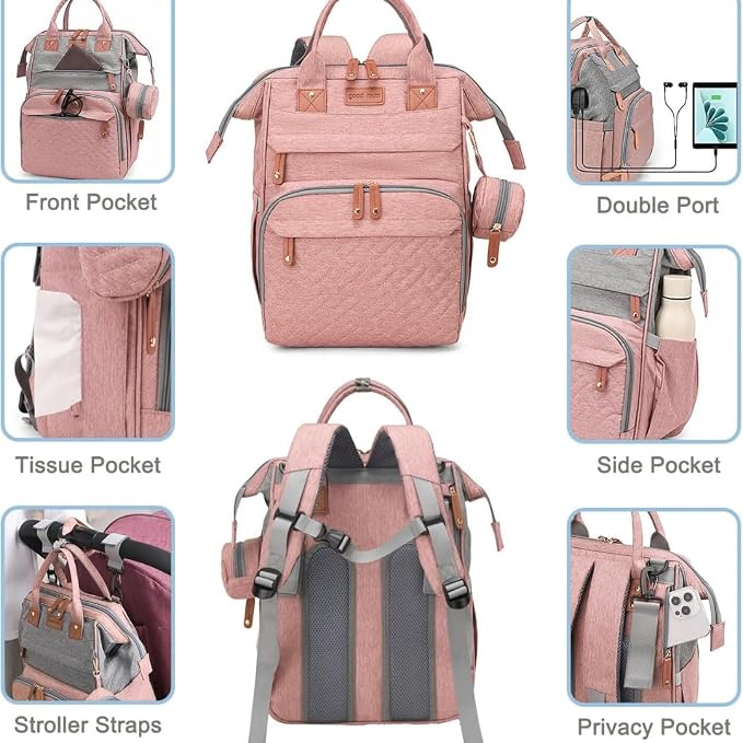 Diaper Bag With Changing Pad, Travel Waterproof Bagpack Diaper Bag For Mom Dad With USB Charging Port, Large Capacity & Multifunctional With Insulated Pacifier Case - Pink