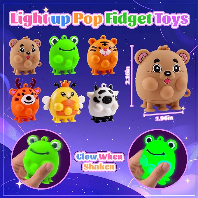 ChildFun 6PCS Light Up Animal Suction Popper Fidget Toys, Baby Bath Toys, Travel Airplane Road Trip Car Activities for Toddlers, No Hole Bath Toys, Sensory Toys for Kids with Autism
