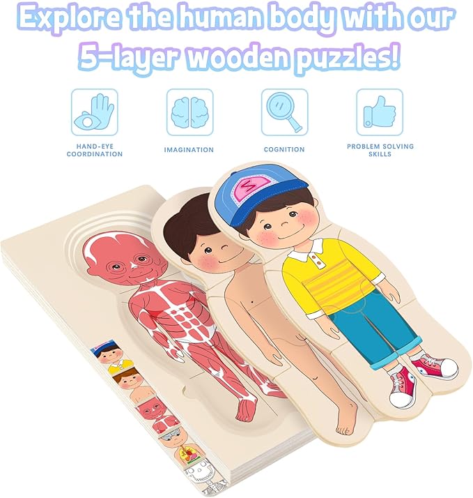 Wooden My Body Puzzle for Toddlers & Kids, Boys Montessori Anatomy Puzzle Kid Play Set, Preschool Game Learning Human Body Skeleton Toys for Kids Ages 3-5