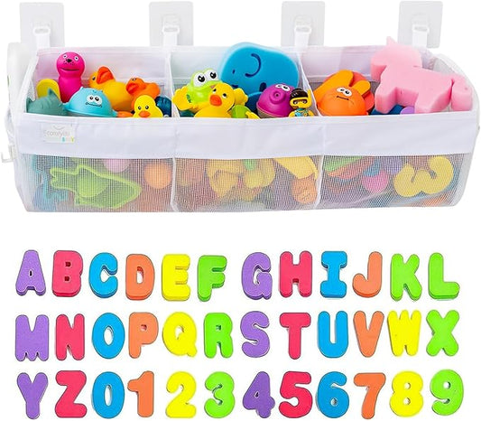 Comfylife Large Bath Toy Organizer with Letters and Numbers ??3 Compartment Bath Toy Holder for Bathtub & Shower ??Quick-Dry Mesh with 4 Strong Adhesive Hooks