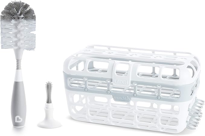 Munchkin® Baby Bottle & Small Parts Cleaning Set, Includes High Capacity Dishwasher Basket & Bristle Bottle Brush, Grey