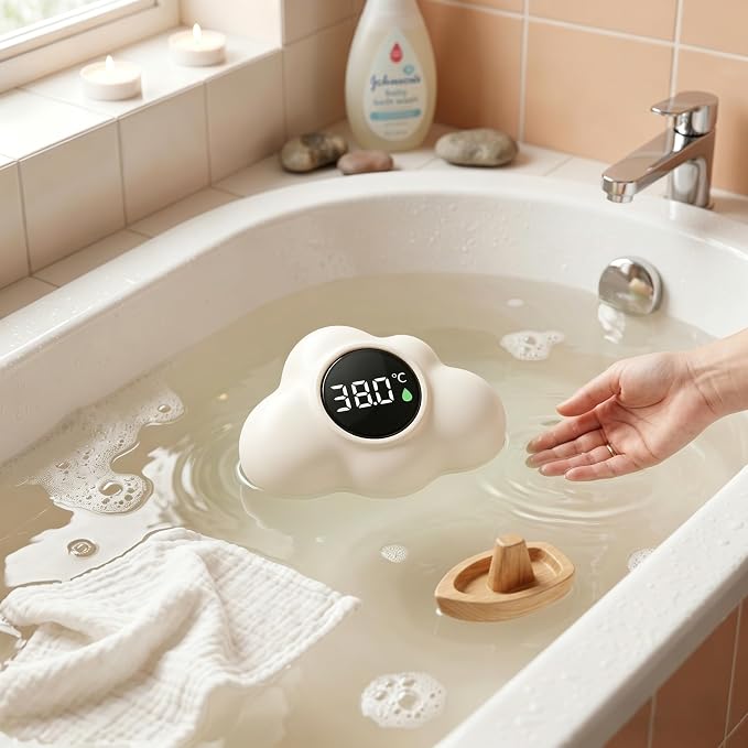 Bath Water Thermometer, Digital Baby Bath Thermometer, 3-Color Temperature Alert Floating Cloud Shape for Newborns, Beige, Water, Baby