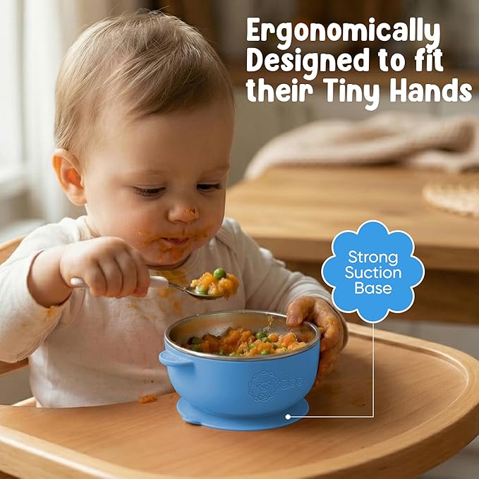o'doe Suction Bowls for Baby - Non-Toxic Stainless Steel Baby Bowls 5" with Non-Slip Removable Silicone Shell - BPA-Free Toddler Bowls (Dark Blue + Powder Blue + Grey + Green)