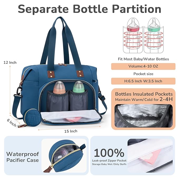 Tenot Diaper Bag Tote with Pacifier Case, Baby Bag for Women with Shoulder Straps, Travel Diaper Tote for for Mom and Dad Medium Size, Blue