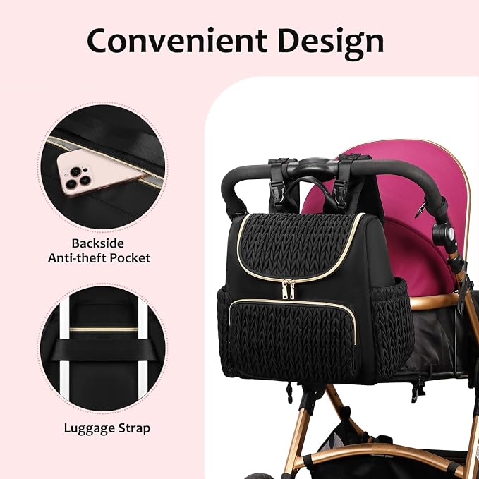 LORADI Diaper Bag Backpack, Baby Shower Gifts, Black | Stroller Clips, Insulated Pockets, Water-resistant, Easy to Clean, Durable