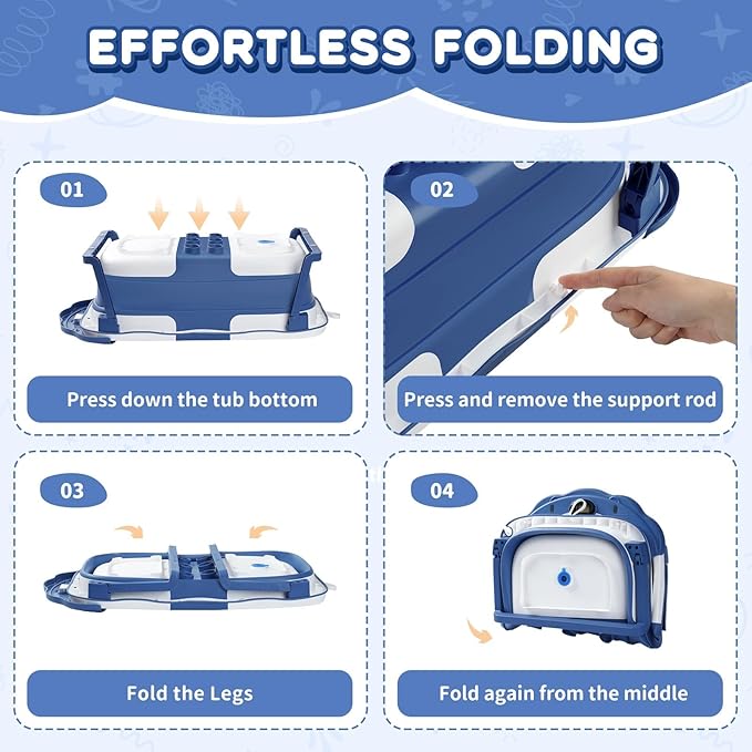 Baby Bathtub,Collapsible Baby Bath Tub with Thermometer & Soft Floating Cushion,Portable Travel Baby Bathtubs for Newborns to Toddlers 0-36 Months(Bear Blue)
