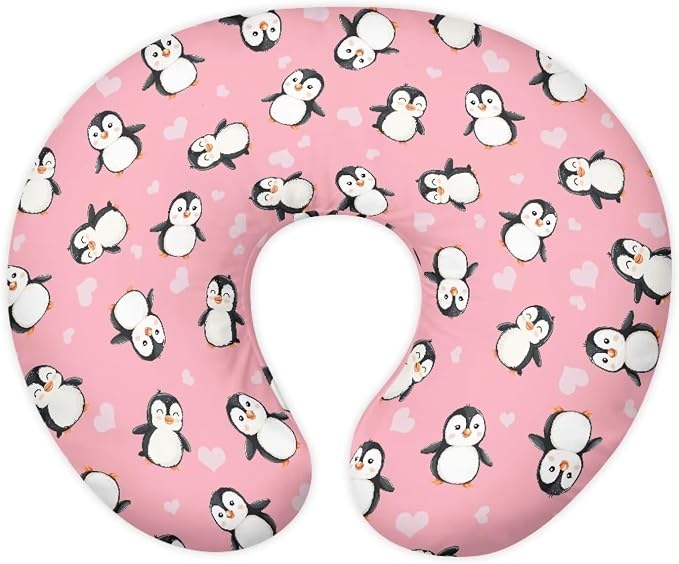 Pink Cartoon Penguin Nursing Pillow Covers Breastfeeding Pillow Slipcover for Newborn Soft Nursing Pillow Case Skin-Friendly U-Shaped Hidden Zipper Design
