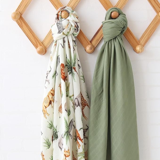 LifeTree Muslin Swaddle Blankets, Woodland Baby Swaddling Receiving Blanket for Boys & Girls, 70% Viscose from Bamboo and 30% Cotton, Large 47 x 47 inches Safari Jungle/Olive Green