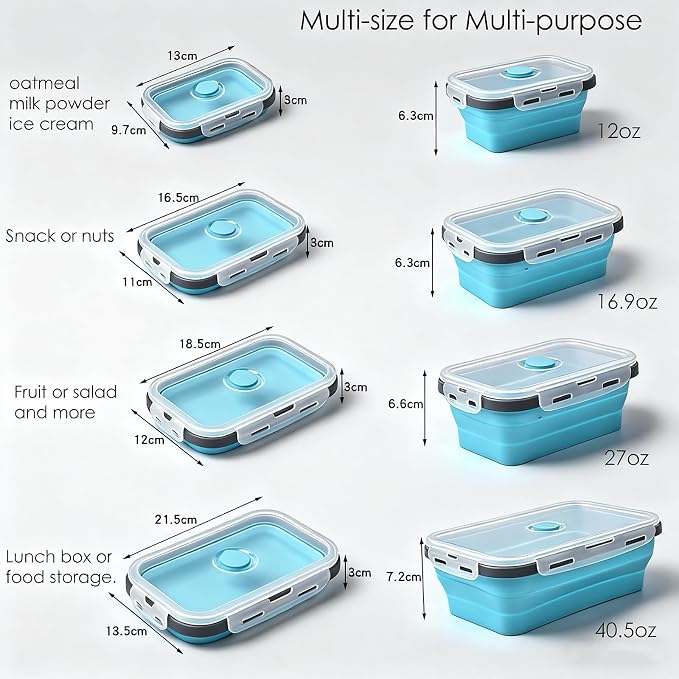 Collapsible Silicone Food Storage Containers: 4Pcs Reusable Foldable Snack Container with Airtight Lids, Freezer Microwave Safe Leakproof Food Containers for Kitchen Office Camping Picnic